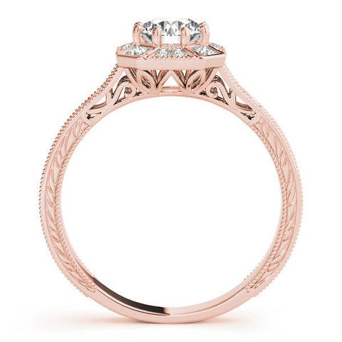 Rose gold Round Diamond Milgrain Halo Engagement Ring with Chevron Band and Prong Setting