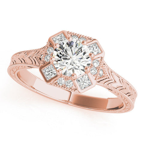 Rose gold Round Diamond Milgrain Halo Engagement Ring with Chevron Band and Prong Setting