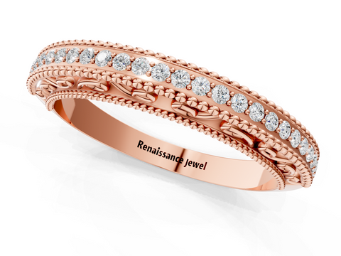 Rose gold Round Diamond Pavé Milgrain White Gold Eternity Band