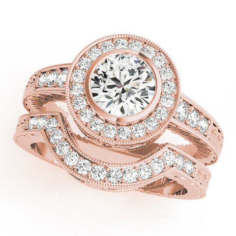 Rose gold Round Halo Bezel Set Diamond Ring with Pavé Band