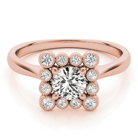 Rose gold Round Halo Diamond Cluster Engagement Ring with Milgrain Bezel Setting and Solitaire Band