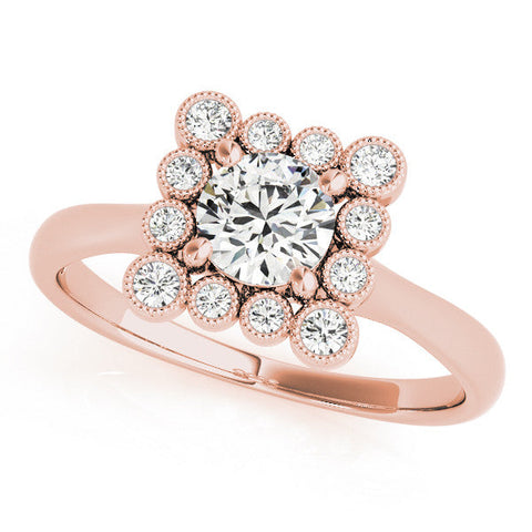 Rose gold Round Halo Diamond Cluster Engagement Ring with Milgrain Bezel Setting and Solitaire Band