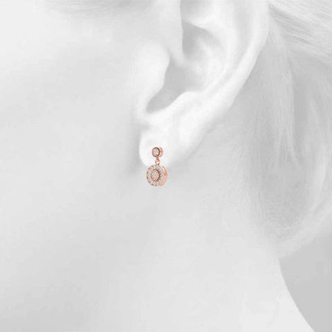 Rose gold Round Halo Diamond Drop Earrings with Milgrain Bezel Setting