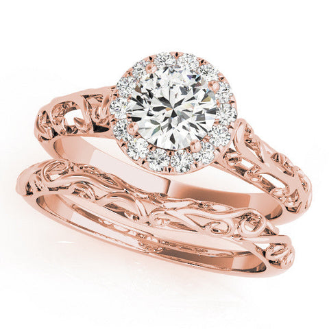 Rose gold Round Halo Diamond Engagement Ring with Intricate Filigree Band and Four-Prong Setting