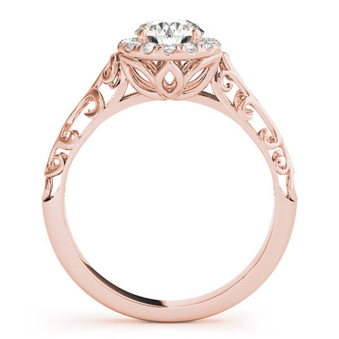Rose gold Round Halo Diamond Engagement Ring with Intricate Filigree Band and Four-Prong Setting