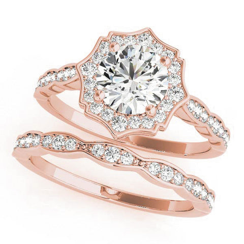 Rose gold Round Halo Diamond Engagement Ring with Milgrain Band and Four-Prong Setting