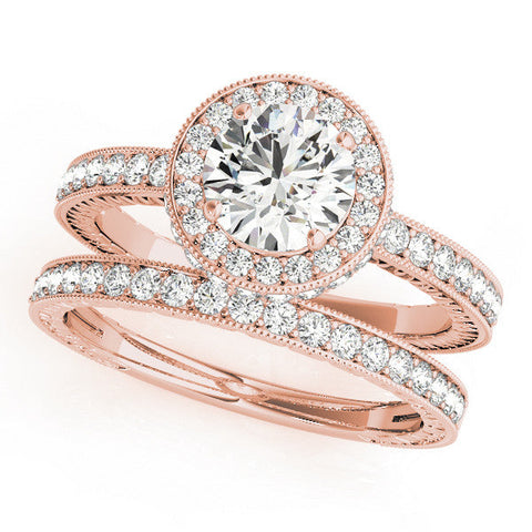 Rose gold Round Halo Diamond Engagement Ring with Milgrain Pave Band and Four-Prong Setting