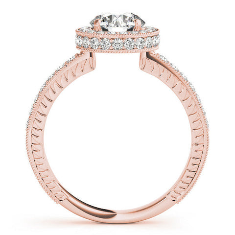 Rose gold Round Halo Diamond Engagement Ring with Milgrain Pave Band and Four-Prong Setting
