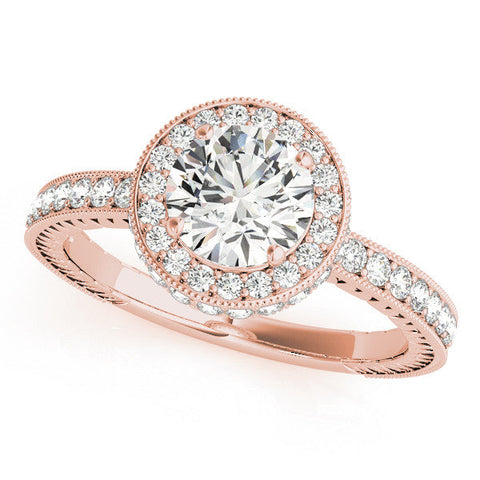 Rose gold Round Halo Diamond Engagement Ring with Milgrain Pave Band and Four-Prong Setting