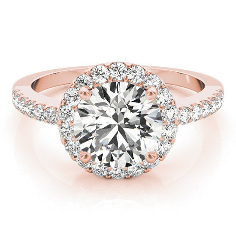 Rose gold Round Halo Diamond Engagement Ring with Pavé Band and Four-Prong Setting