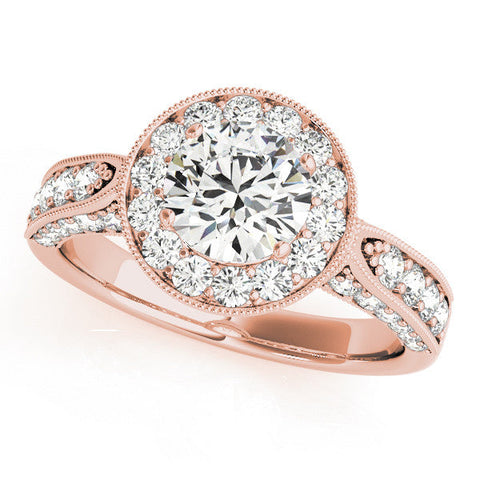 Rose gold Round Halo Diamond Engagement Ring with Split Shank Band and Four-Prong Setting