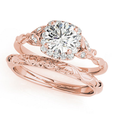 Rose gold Round Halo Diamond Engagement Ring with Vintage-Inspired Band and Four-Prong Setting