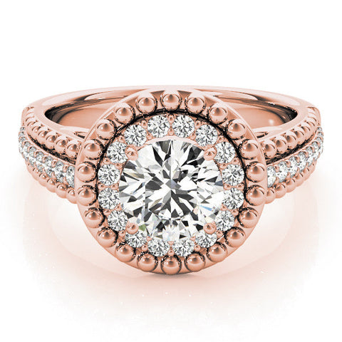 Rose gold Round Halo Diamond Ring with Beaded Split Shank and Four-Prong Setting