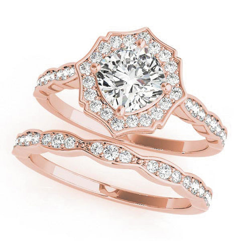 Rose gold Round Halo Diamond Ring with Milgrain Band and Four-Prong Setting