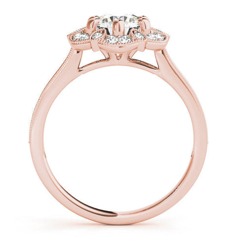 Rose gold Round Halo Diamond Ring with Milgrain Pave Band and Prong Setting