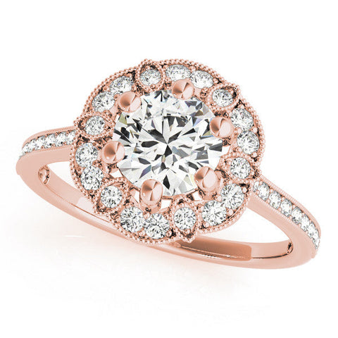 Rose gold Round Halo Diamond Ring with Milgrain Pave Band and Prong Setting