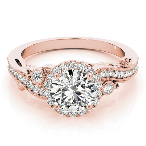 Rose gold Round Halo Diamond Ring with Milgrain and Bezel Accents on a Split Shank Band