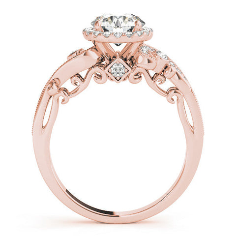 Rose gold Round Halo Diamond Ring with Milgrain and Bezel Accents on a Split Shank Band