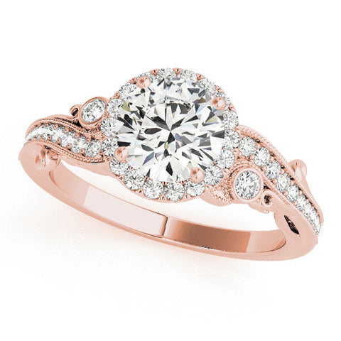 Rose gold Round Halo Diamond Ring with Milgrain and Bezel Accents on a Split Shank Band