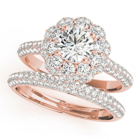 Rose gold Round Halo Diamond Ring with Pave Band and Four-Prong Setting