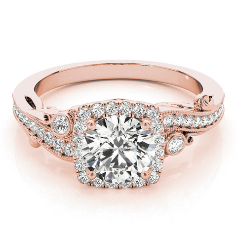 Rose gold Round Halo Diamond Ring with Twisted Band and Four-Prong Setting