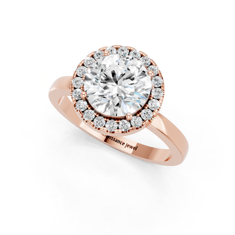 Rose gold Round Halo Diamond Solitaire with Pavé Band and Four-Prong Setting