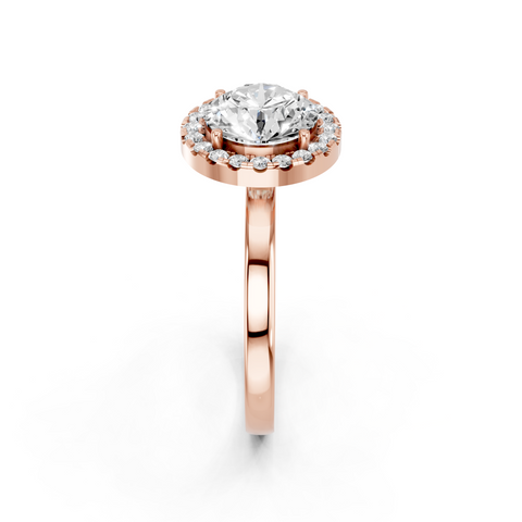 Rose gold Round Halo Diamond Solitaire with Pavé Band and Four-Prong Setting