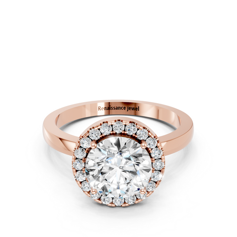 Rose gold Round Halo Diamond Solitaire with Pavé Band and Four-Prong Setting