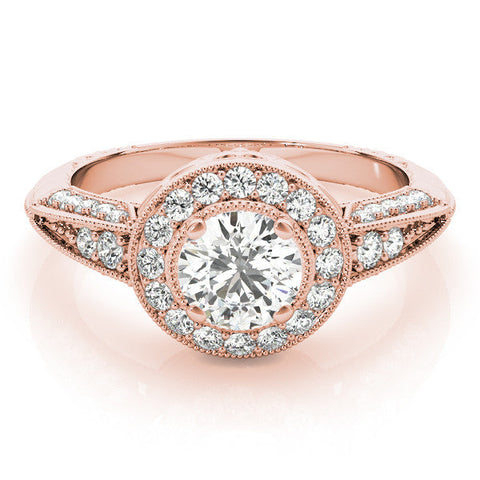 Rose gold Round Halo Diamond Split Shank Ring with Milgrain Detail