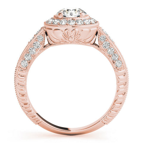 Rose gold Round Halo Diamond Split Shank Ring with Milgrain Detail