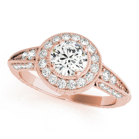 Rose gold Round Halo Diamond Split Shank Ring with Milgrain Detail