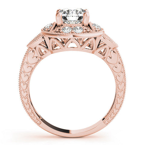 Rose gold Round Halo Milgrain Diamond Engagement Ring with Leaf Band and Four-Prong Setting
