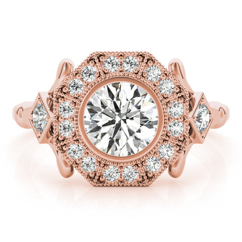 Rose gold Round Halo Milgrain Diamond Ring with Split Shank and Bezel Setting