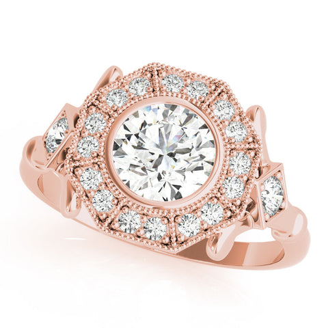 Rose gold Round Halo Milgrain Diamond Ring with Split Shank and Bezel Setting