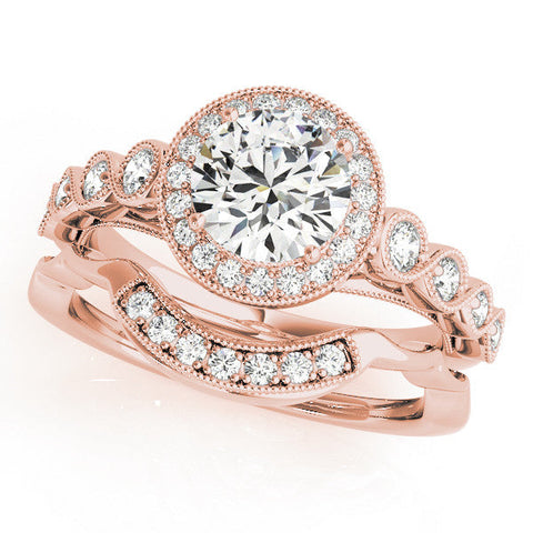 Rose gold Round Halo Milgrain Solitaire with Bezel Set Side Stones and Pave Band