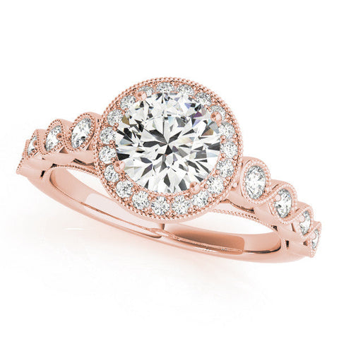 Rose gold Round Halo Milgrain Solitaire with Bezel Set Side Stones and Pave Band