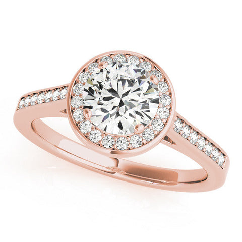 Rose gold Round Halo Solitaire Diamond Ring with Pave Band and Bezel Setting