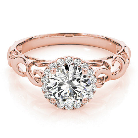 Rose gold Round Halo Solitaire with Scrollwork Band and Four-Prong Setting