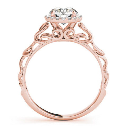 Rose gold Round Halo Solitaire with Scrollwork Band and Four-Prong Setting