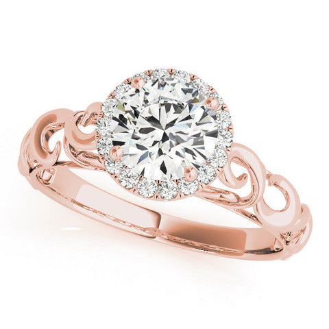 Rose gold Round Halo Solitaire with Scrollwork Band and Four-Prong Setting