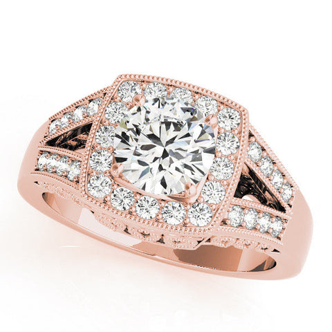 Rose gold Round Halo Split Shank Diamond Ring with Milgrain Prong Setting
