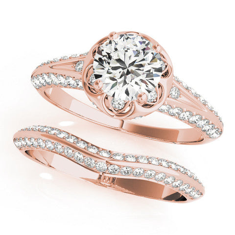 Rose gold Round Halo Split Shank Pave Diamond Ring with Petal Prong Setting