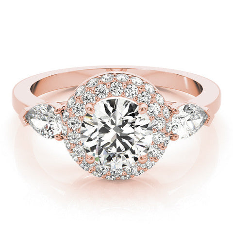 Rose gold Round Halo Three-Stone Diamond Ring with Pear Side Stones and Four-Prong Setting