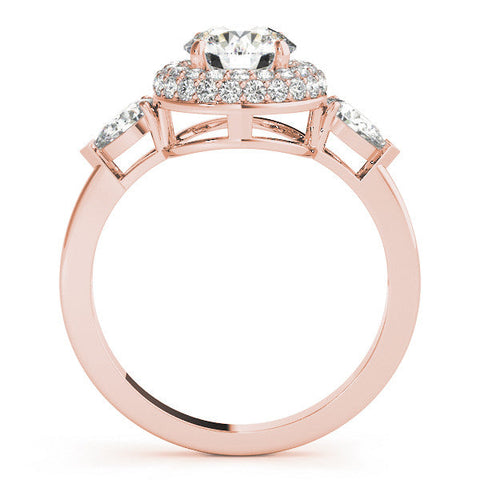 Rose gold Round Halo Three-Stone Diamond Ring with Pear Side Stones and Four-Prong Setting