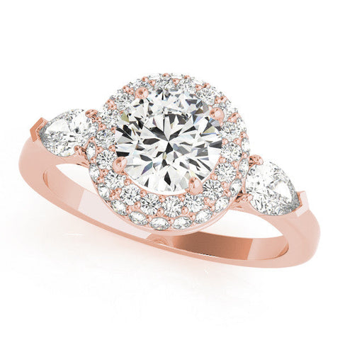Rose gold Round Halo Three-Stone Diamond Ring with Pear Side Stones and Four-Prong Setting
