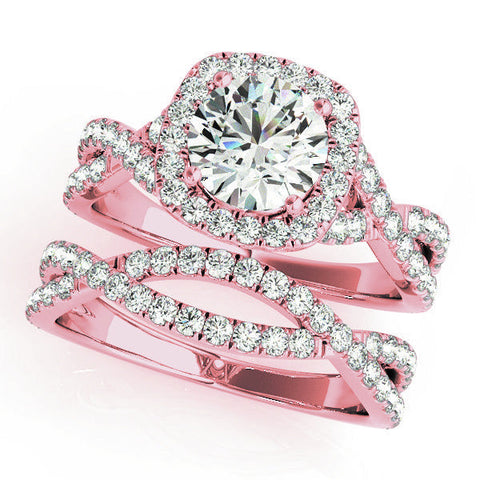 Rose gold Round Halo Twist Band Diamond Engagement Ring with Prong Setting