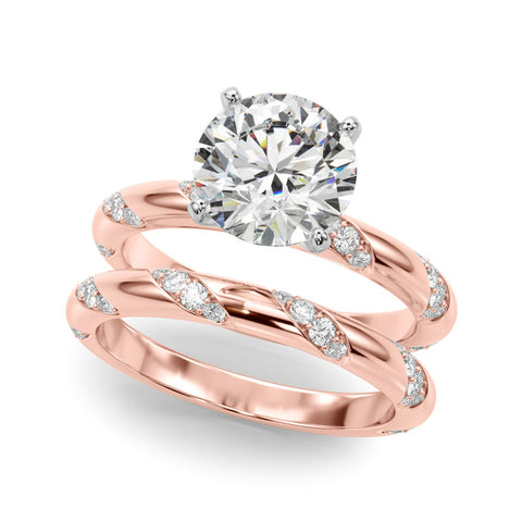 Rose gold Round Solitaire Diamond Engagement Ring with Twisted Pave Band and Four-Prong Setting