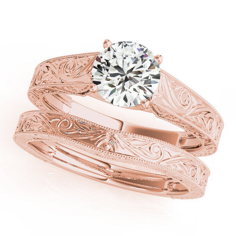 Rose gold Round Solitaire Diamond with Engraved Band and Four-Prong Setting