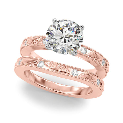Rose gold Round Solitaire Milgrain Engagement Ring with Filigree Band and Four-Prong Setting