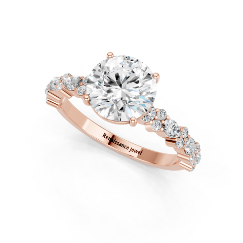 Rose gold Round Solitaire with Side Stones, Pave Band, Four-Prong Setting